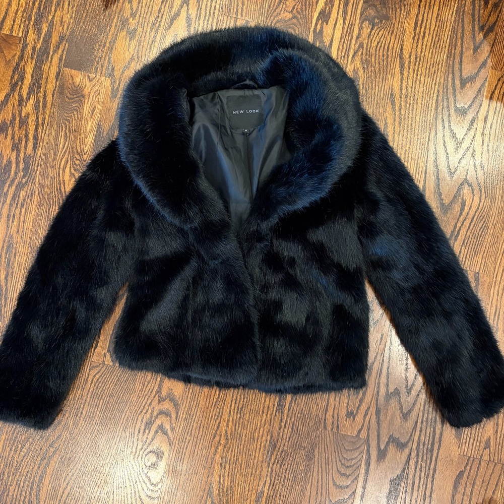 New Look Black Faux Fur Teddy Jacket with Shawl Collar